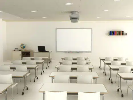 Modern classroom with a blank interactive whiteboard.World map's obtained from the Nasa public domain archive and then has been modified for required diffuse and bump maps.Link: http://veimages.gsfc.nasa.gov/7100/world.topo.bathy.200401.3x5400x2700.jpgSimilar images: